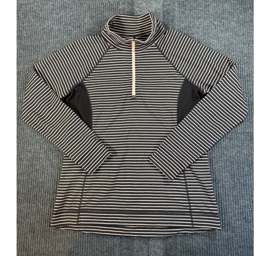 T by Talbots Womens Striped Quarter Zip Pullover UPF 50 Active Top Black Small